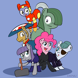 Size: 1000x1000 | Tagged: safe, artist:empyu, cloudy quartz, igneous rock pie, limestone pie, marble pie, maud pie, pinkie pie, g4, 30 minute art challenge, black widow (marvel), captain america, clothes, costume, crossover, iron man, nick fury, pie family, pie sisters, ship:quartzrock, siblings, sisters, the avengers, the incredible hulk, thor