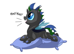 Size: 1980x1440 | Tagged: safe, artist:itstaylor-made, oc, oc only, oc:izzy the changeling, changeling, cute, cute bug noises, cuteling, double colored changeling, male, open mouth, pillow, prone, simple background, smiling, solo, transparent background