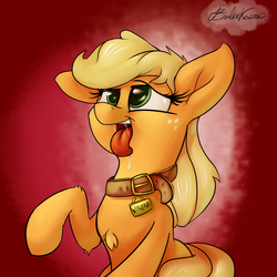 Size: 3000x3000 | Tagged: safe, artist:emberkaese, applejack, dog, earth pony, pony, g4, chest fluff, collar, drool, female, high res, mare, pet play, raised hoof, smiling, solo, tongue out