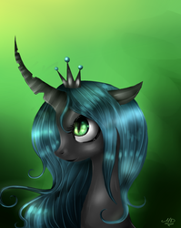 Size: 1200x1507 | Tagged: dead source, safe, artist:dashameleshkina666, queen chrysalis, changeling, changeling queen, g4, crown, female, jewelry, looking up, portrait, regalia, smiling, solo