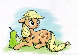 Size: 640x453 | Tagged: safe, artist:el-yeguero, applejack, g4, female, floppy ears, frown, fruit heresy, hatless, hilarious in hindsight, looking back, missing accessory, out of character, pear, pearesy, prone, solo, wide eyes