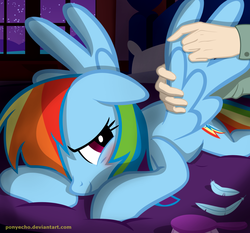 Size: 1500x1400 | Tagged: safe, artist:ponyecho, rainbow dash, human, pegasus, pony, g4, assisted preening, bed, bedroom eyes, blushing, brush, cute, dashabetes, embarrassed, feather, floppy ears, hair over one eye, hand, human on pony petting, interspecies, night, pillow, ponyecho is trying to murder us, preening, prone, room, show accurate, shy, smiling, spread wings, wing massage