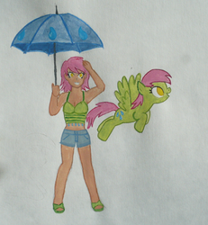 Size: 996x1080 | Tagged: safe, artist:punksweet, tropical storm, human, pony, g4, blind bag pony, clothes, colored sketch, green, humanized, midriff, pink hair, shorts, smiling, solo, tank top, traditional art, umbrella, yellow eyes