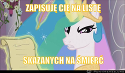 Size: 700x409 | Tagged: safe, edit, edited screencap, screencap, princess celestia, alicorn, pony, g4, the crystal empire, bitchlestia, female, list, mare, meme, polish, ponymemes, solo, text, translated in the description, you failed the test twilight