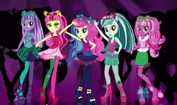 Size: 1146x679 | Tagged: safe, screencap, amethyst star, bon bon, cheerilee, lyra heartstrings, roseluck, sparkler, sweetie drops, equestria girls, g4, commercial, derp