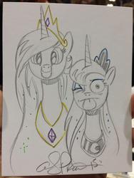 Size: 906x1208 | Tagged: safe, artist:andypriceart, princess celestia, princess luna, :p, grin, smiling, tongue out, traditional art, wide eyes