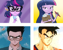 Size: 1024x808 | Tagged: safe, sci-twi, twilight sparkle, equestria girls, g4, comparison, dragon ball, dragon ball z, future gohan, history of trunks, son gohan, twilight sparkle (alicorn)