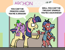 Size: 825x638 | Tagged: safe, artist:toonbat, idw, mina, spike, twilight sparkle, oc, alicorn, dragon, earth pony, pony, g4, comic con, convention, cosplay, doll, dragoness, duo, fake horn, fake wings, female, insult, male, naked armor, nightmare moon costume, plushie, speciesism, speech bubble, spike plushie, stallion, twilight sparkle (alicorn), twilight wig, wig