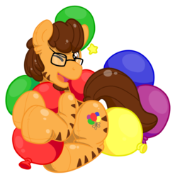 Size: 607x614 | Tagged: safe, artist:cherry-plasma, oc, oc only, oc:einsman, inflatable pony, pooltoy pony, tiger pony, balloon, cuddling, hug, inflatable, living inflatable, looking at you, one eye closed, pool toy, that pony sure does love balloons, wink