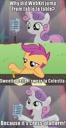 Size: 490x942 | Tagged: safe, scootaloo, sweetie belle, bloom & gloom, g4, bad sweetie belle joke, cross-platform, software joke, webkit