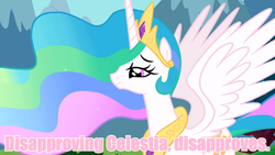 Size: 640x360 | Tagged: safe, princess celestia, g4, female, image macro, meme, pink text, solo