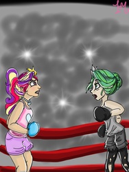 Size: 768x1024 | Tagged: artist needed, safe, princess cadance, queen chrysalis, human, g4, boxing, boxing gloves, humanized