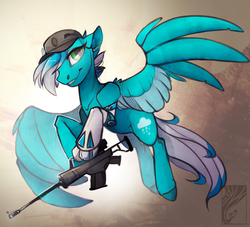 Size: 2200x2000 | Tagged: safe, artist:casynuf, oc, oc only, oc:frosty winds, cyborg, pegasus, pony, fallout equestria, fallout equestria: memories, commission, g36, gun, high res, prosthetic limb, solo, watermark