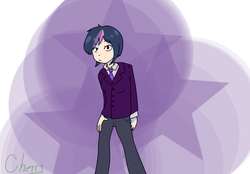 Size: 1032x720 | Tagged: safe, artist:cherry, twilight sparkle, human, g4, clothes, female, humanized, looking at you, solo