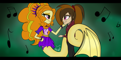 Size: 2000x1000 | Tagged: safe, artist:wubcakeva, adagio dazzle, oc, oc:cupcake slash, human, mermaid, siren, equestria girls, g4, adoragio, adorasexy, canon x oc, chin hold, clothes, coiling, cute, dazzlebetes, duo, fangirling, female, fish tail, gay panic, gem, hand on chin, imminent blushing, imminent pissing, lesbian, looking at each other, looking at someone, lustful, mermaid tail, mermaidized, mischievous, music notes, ocbetes, ponytail, self insert, senpai noticed me, sexy, sexy face, siren gem, sirens doing siren things, smiling, species swap, sultry, tail, this will end in journey to the bathroom, torn clothes, waifu, wavy mouth
