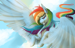 Size: 1307x831 | Tagged: safe, artist:poisoned, rainbow dash, g4, bedroom eyes, dreamworks face, female, flying, grin, solo, spread wings