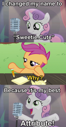 Size: 532x1024 | Tagged: safe, scootaloo, sweetie belle, bloom & gloom, g4, bad sweetie belle joke, cute, image macro, meme, programming, pun