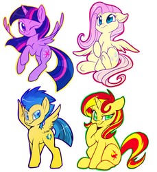 Size: 1280x1397 | Tagged: safe, artist:lustrous-dreams, flash sentry, fluttershy, sunset shimmer, twilight sparkle, alicorn, pony, g4, female, flying, mare, spread wings, twilight sparkle (alicorn), wink