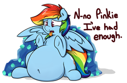 Size: 1641x1079 | Tagged: safe, artist:graphenescloset, rainbow dash, pegasus, pony, g4, belly, belly button, bloated, fat, female, open mouth, rdisbestchub, rock candy, solo, tongue out
