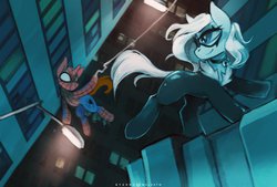Size: 1088x735 | Tagged: safe, artist:foxinshadow, spiders and magic: rise of spider-mane, black cat, building, catsuit, chase, city, cityscape, duo, form fitting, latex, male, perspective, peter parker, ponified, spider-man, spiders and magic ii: eleven months, superhero