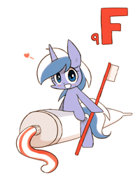Size: 800x1000 | Tagged: safe, artist:joycall6, part of a set, minuette, pony, unicorn, series:joycall6's periodic table, g4, blushing, chemistry, chibi, cute, female, fluorine, heart, hoof hold, looking at you, minubetes, periodic table, riding, solo, toothbrush, toothpaste