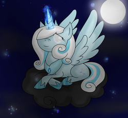 Size: 3704x3424 | Tagged: safe, artist:miiv12, oc, oc only, oc:snowdrop, alicorn, pony, alicornified, cloud, high res, magic, moon, older, older snowdrop, princess snowdrop, race swap, snow, snowflake