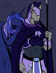 Size: 693x900 | Tagged: safe, artist:bgn, princess luna, anthro, g4, armor, cute, female, helmet, male, night guard, nudity, shipping, spear, straight, strategically covered