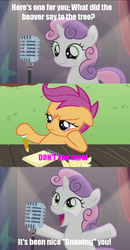 Size: 532x1024 | Tagged: safe, scootaloo, sweetie belle, bloom & gloom, g4, bad sweetie belle joke, bonzi buddy, image macro, meme, vinesauce