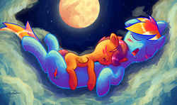 Size: 1920x1136 | Tagged: safe, artist:halem1991, rainbow dash, scootaloo, pegasus, pony, backwards cutie mark, blank flank, blushing, cloud, cloudy, cuddling, cute, cutealoo, dashabetes, drool, eyes closed, eyestrain warning, featured image, female, filly, floppy ears, folded wings, full moon, halem1991 is trying to murder us, lying down, mare, moon, night, night sky, on a cloud, on back, open mouth, prone, scootalove, signature, sky, sleeping, wings