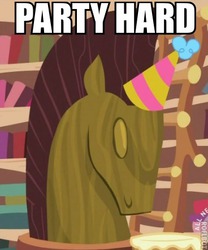 Size: 368x442 | Tagged: safe, edit, edited screencap, screencap, g4, book, bookshelf, caption, hat, image macro, meme, party hat, statue, text