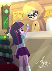 Size: 1000x1357 | Tagged: safe, artist:bluse, twilight sparkle, human, equestria girls, g4, book, cute, female, librarian, library, library card, midriff, show accurate, twiabetes, unknown character, wagon, younger