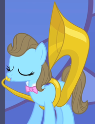 Size: 459x594 | Tagged: safe, screencap, beauty brass, pony, g4, the best night ever, background pony, bowtie, cropped, eyes closed, female, mare, musical instrument, solo, sousaphone