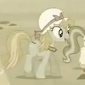 Size: 121x121 | Tagged: safe, screencap, bonnie, jolene, earth pony, pony, family appreciation day, g4, bonnet, female, flashback, mare, offscreen character, open mouth, raised leg, sepia, tail