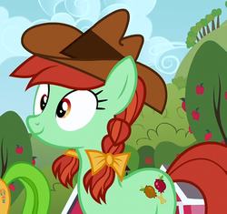 Size: 718x675 | Tagged: safe, screencap, candy apples, perfect pie, earth pony, pony, apple family reunion, g4, apple family member, background pony, bow, braid, cowboy hat, cropped, female, hair bow, hat, mare, solo focus, stetson