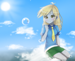 Size: 1666x1360 | Tagged: dead source, safe, artist:akivia-jones-404, derpy hooves, equestria girls, g4, bubble, clothes, cloud, cloudy, female, on a cloud, sitting, sitting on a cloud, sky, solo, sun