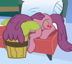 Size: 618x554 | Tagged: safe, screencap, cherry punch, earth pony, pony, applebuck season, g4, background pony, baked bads, bucket, cropped, female, green face, mare, nauseous, not berry punch, not cherry berry, sick, solo, vomiting