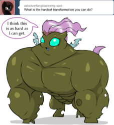 Size: 500x550 | Tagged: safe, artist:drjavi, saddle rager, oc, oc:yhsrettulf, changeling, ask coppercog, abs, ask, female, innuendo, muscles, open mouth, smiling, transformation, tumblr