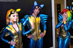 Size: 5183x3456 | Tagged: dead source, safe, artist:cosplayhazard, artist:supersandcosplay, rainbow dash, soarin', spitfire, human, g4, cleavage, clothes, cosplay, fake ears, fake wings, female, goggles, irl, irl human, katsucon, male, photo, trio, uniform, wonderbolts, wonderbolts uniform