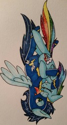 Size: 1639x3051 | Tagged: safe, artist:bleedingwings12, rainbow dash, soarin', g4, falling, female, male, ship:soarindash, shipping, straight, traditional art, wonderbolts uniform