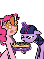 Size: 1280x1707 | Tagged: safe, artist:flutterluv, pinkie pie, twilight sparkle, g4, eating, food, levitation, magic, pi day, pie, tongue out, twilight sparkle is not amused, unamused