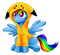 Size: 3379x3110 | Tagged: safe, artist:scarlet-spectrum, rainbow dash, pegasus, pikachu, pony, g4, :3, clothes, crossover, cute, dashabetes, female, floppy ears, high res, hoodie, looking up, pokémon, rainbowchu, simple background, sitting, smiling, solo, spread wings, underhoof, white background