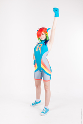 Size: 1414x2121 | Tagged: safe, artist:raspbearyart, artist:sodo_chan, rainbow dash, human, g4, armpits, cosplay, irl, irl human, photo, unitard