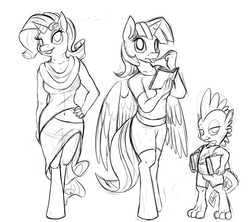 Size: 650x577 | Tagged: safe, artist:tsitra360, rarity, spike, twilight sparkle, anthro, unguligrade anthro, g4, belly button, book, clothes, monochrome, shirt, shorts, sketch, tongue out, twilight sparkle (alicorn)