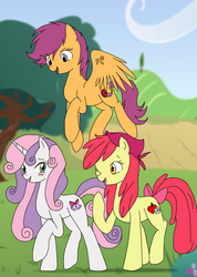 Size: 754x1060 | Tagged: safe, artist:flawlessvictory20, artist:hikariviny, apple bloom, scootaloo, sweetie belle, g4, alternate cutie mark, cutie mark crusaders, hat, older