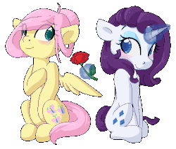 Size: 500x425 | Tagged: dead source, safe, artist:rue-willings, fluttershy, rarity, g4, alternate hairstyle, animated, blinking, blushing, female, lesbian, levitation, magic, rose, ship:flarity, shipping, wing twitch