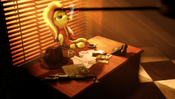 Size: 1920x1080 | Tagged: safe, artist:sourcerabbit, fluttershy, g4, 3d, ashtray, cigar, cigarette, clothes, detective, gun, hat, hotline miami, jacket, newspaper, phone, shotgun, smoking, table, window