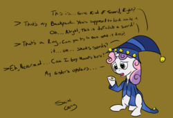 Size: 1500x1022 | Tagged: safe, artist:saine grey, sweetie belle, pony, unicorn, g4, cloak, clothes, crossover, female, hat, innuendo, ring, solo, star swirl the bearded costume, text