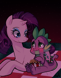 Size: 600x759 | Tagged: safe, artist:marl-arts, rarity, spike, g4, date, female, male, night sky, picnic, popcorn, ship:sparity, shipping, straight