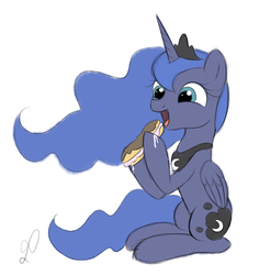 Size: 969x1025 | Tagged: safe, artist:divlight, princess luna, alicorn, pony, g4, cake, crown, cute, eating, eclair, female, hoof hold, jewelry, mare, open mouth, regalia, simple background, sitting, solo