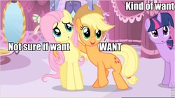 Size: 582x327 | Tagged: safe, screencap, applejack, fluttershy, twilight sparkle, g4, do not want, image macro, meme, not sure if want, varying degrees of want, want